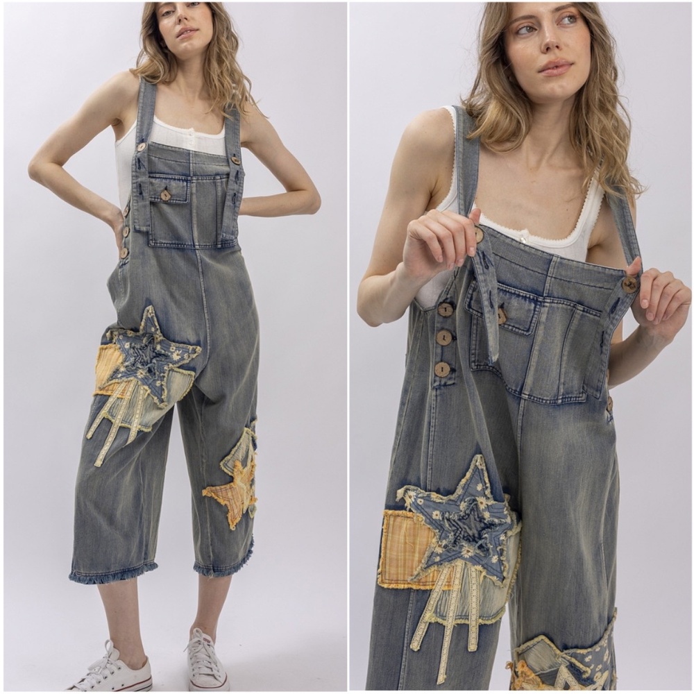 Bluevelvet Stra patch Medium Wash Adjustable Loose Fit Denim Bib Overalls